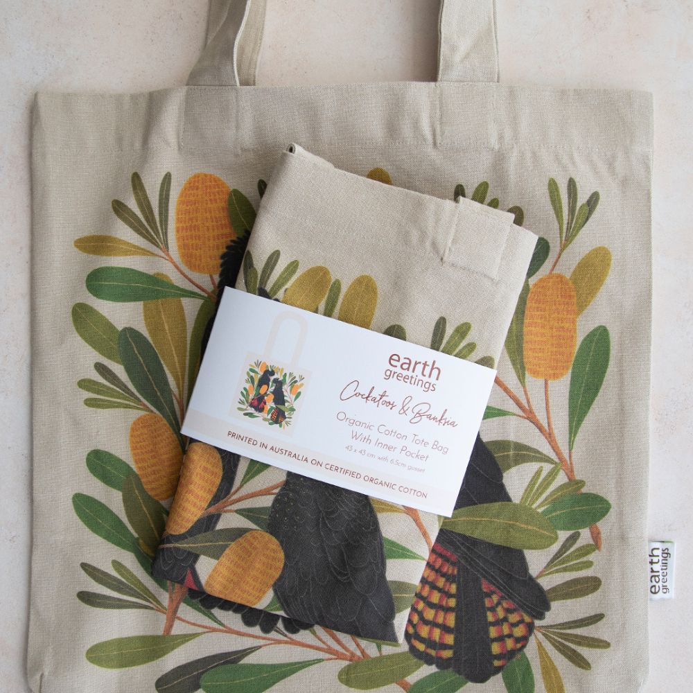 Earth Greetings Organic Cotton Tote Bag with Inner Pocket - Cockatoos & Banksia