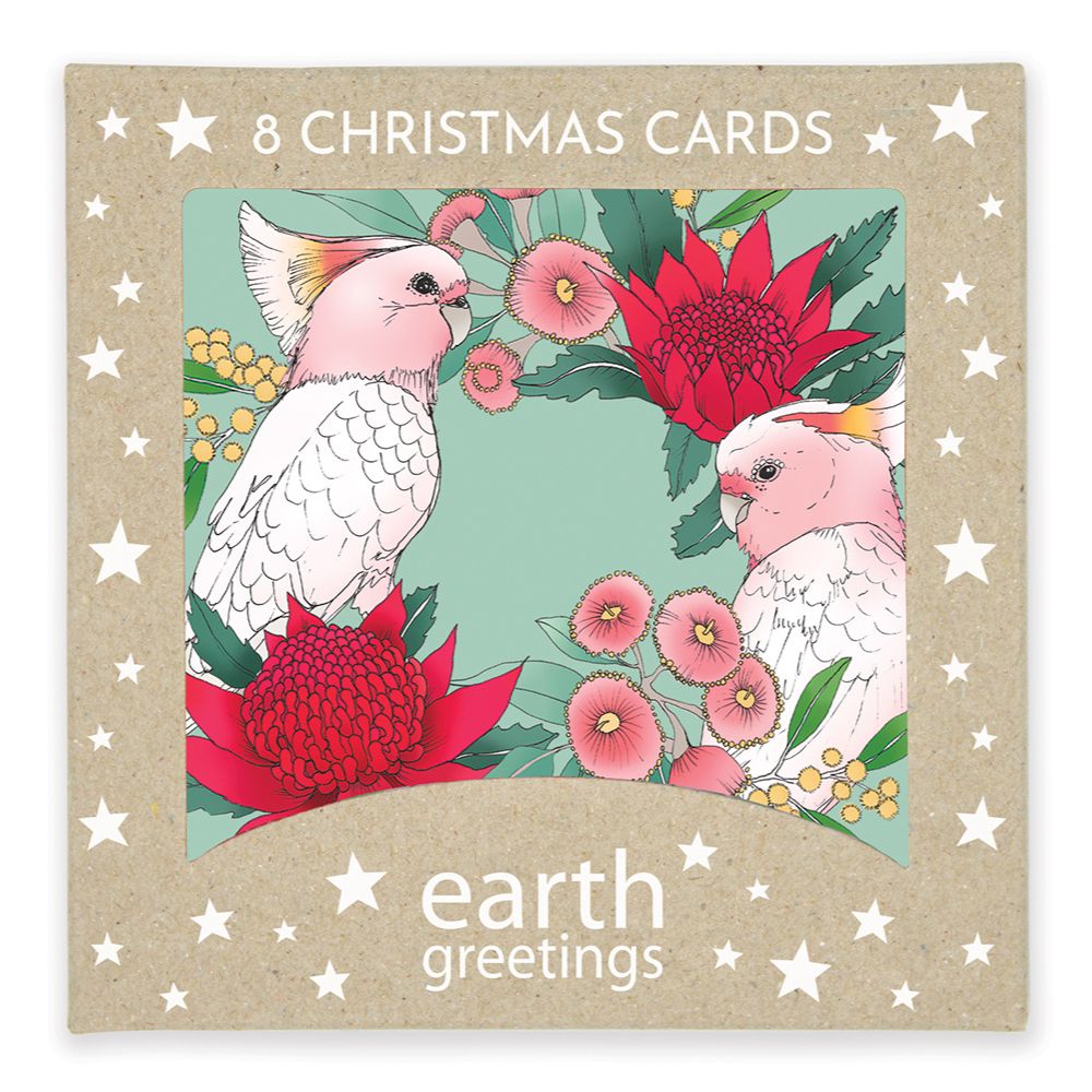 Earth Greetings Square Boxed Christmas Cards Pack - Pink Cockatoo Wreath (8)