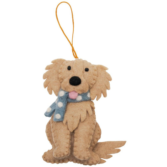 Fairtrade Felt Christmas Decoration - Golden Retriever with Scarf (Blue)