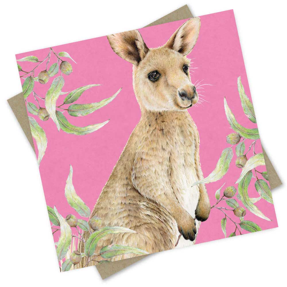 Popcorn Blue Kangaroo Pink Greeting Card