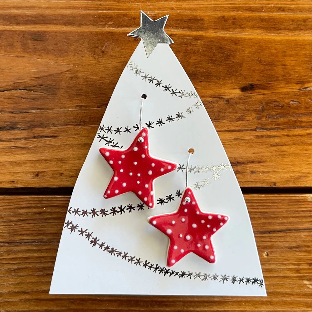 Paper Boat Press Christmas Earrings - Red Spotty Star HOOKS