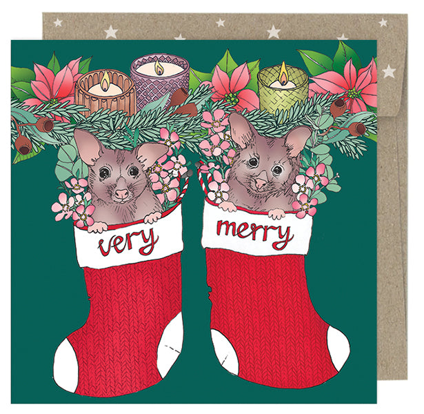 Earth Greetings Square Boxed Christmas Cards Pack - Merry Possums (8)