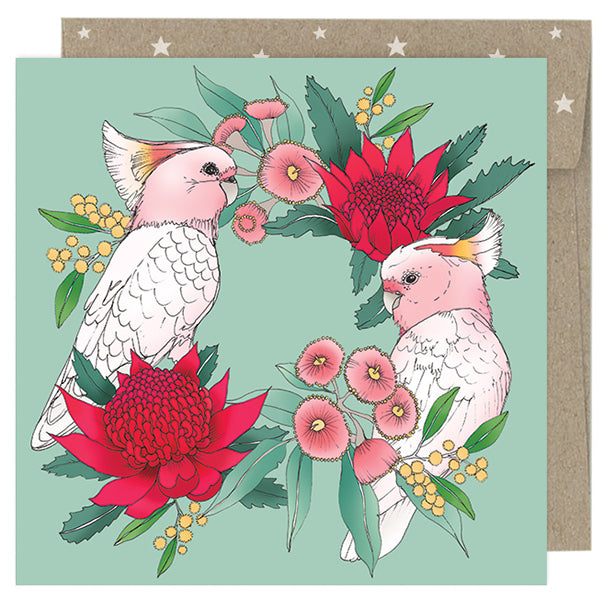 Earth Greetings Square Boxed Christmas Cards Pack - Pink Cockatoo Wreath (8)