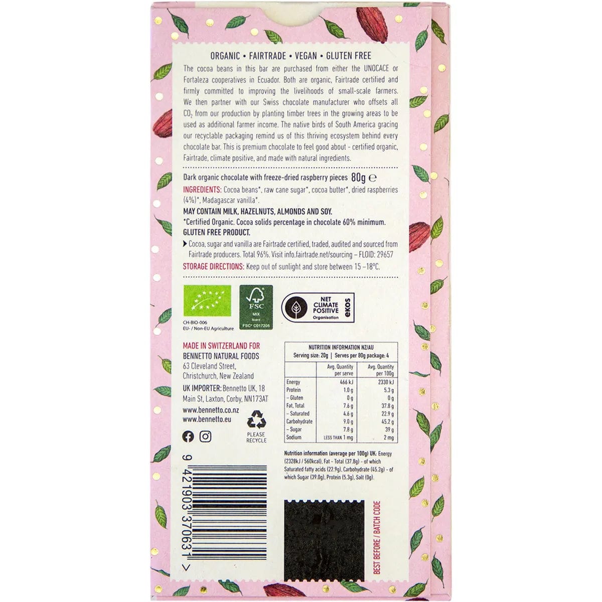 Bennetto Organic Dark Chocolate 80g - Raspberries