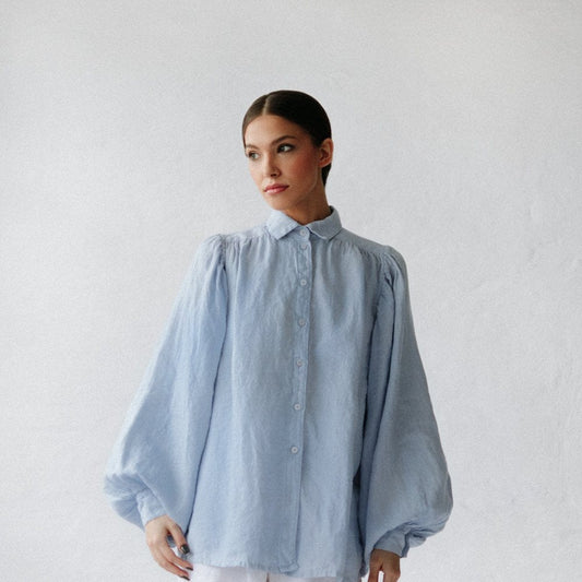 Seaside Tones Linen Boho Shirt - Light Blue