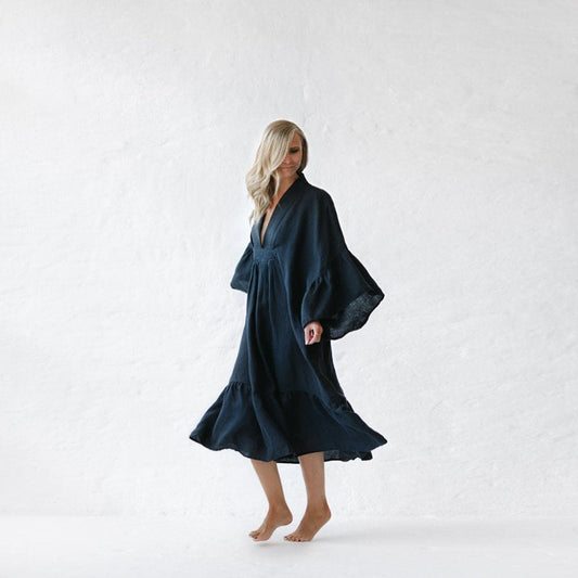 Seaside Tones Linen Sea Dress - Navy